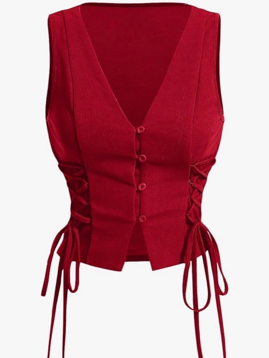 Gorglitter Tops - Sleeveless Lace-Up Button-Front Vest Top in Red XL